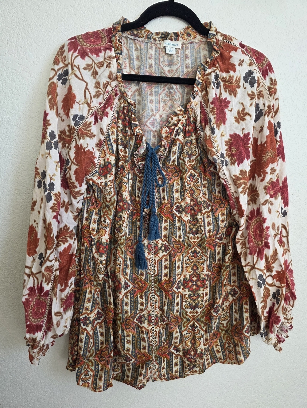 Sundance Multi-Print Floral Boho Tassel flowy Blouse Sz L